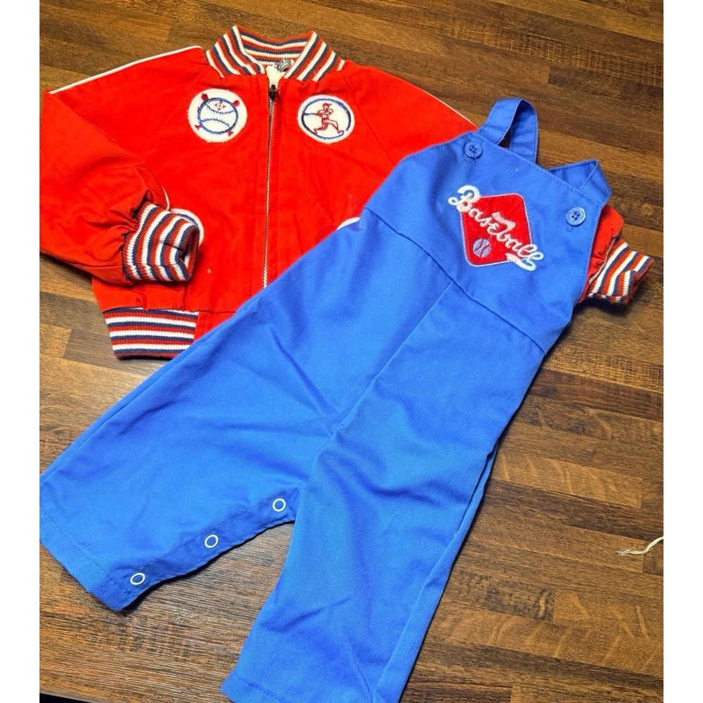 Vintage Health-Tex baseball jacket and overalls.  6/12 months.  Red & Blue